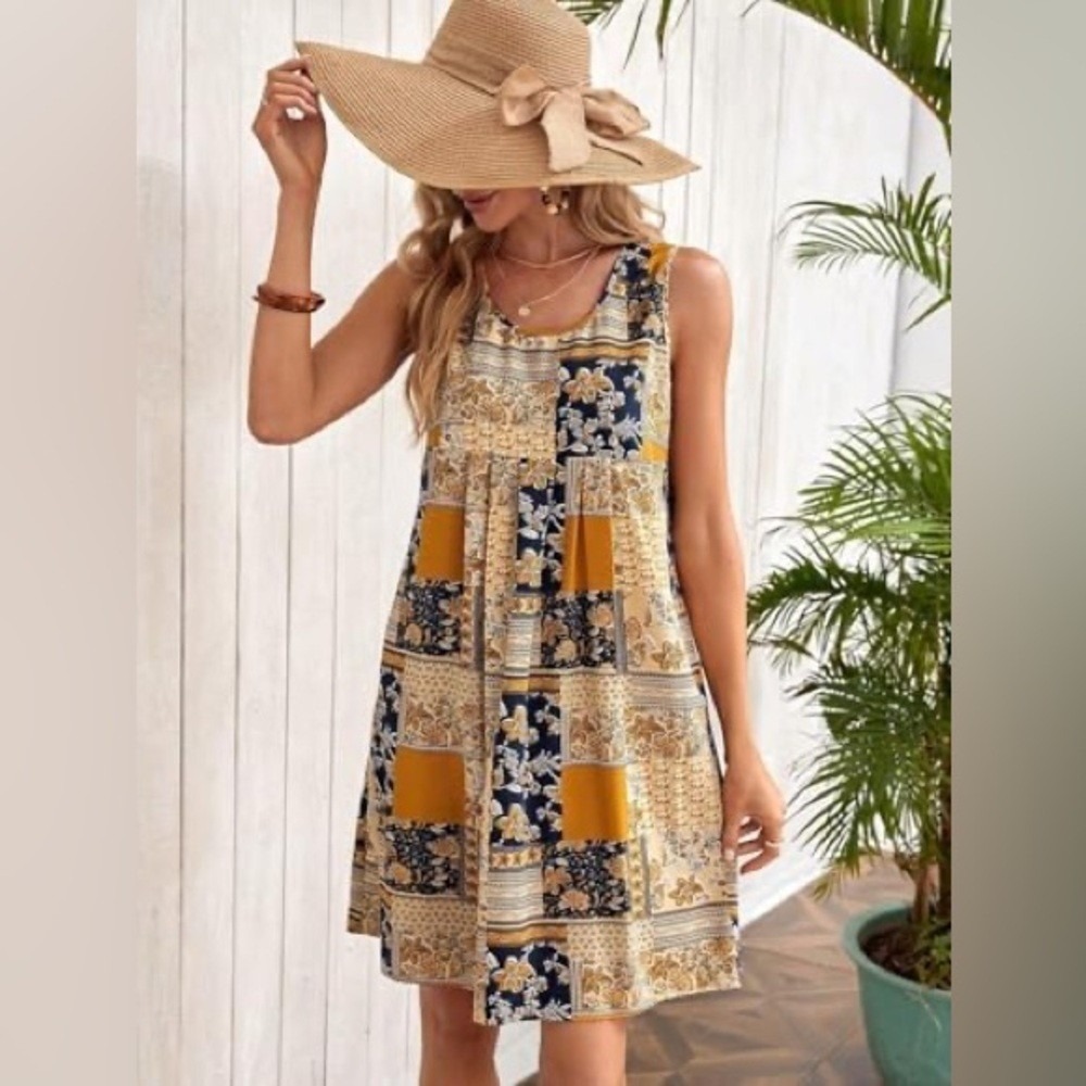 Emery Rose Mini Dress Womens L Yellow NWT Boho Patchwork Casual Cottagecore